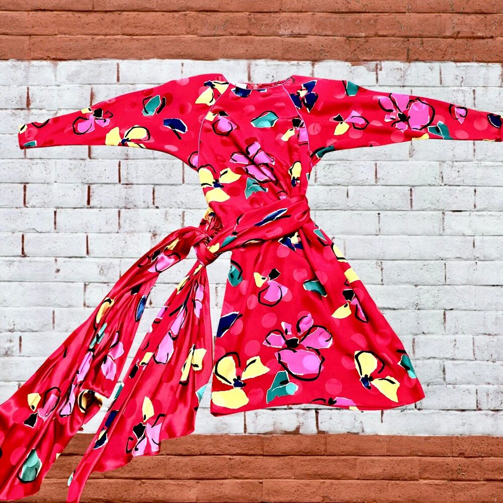 Vintage 70s Joan Leslie Kasper Red Silk Floral Dress Wrap Sash Hong Kong Sz 10